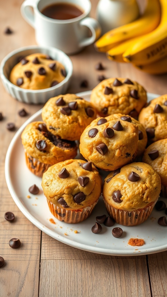 Chocolate Chip Banana Bread Muffins Recipe A plate of chocolate chip banana muffins with melting chocolate chips on top, surrounded by ripe bananas and coffee.